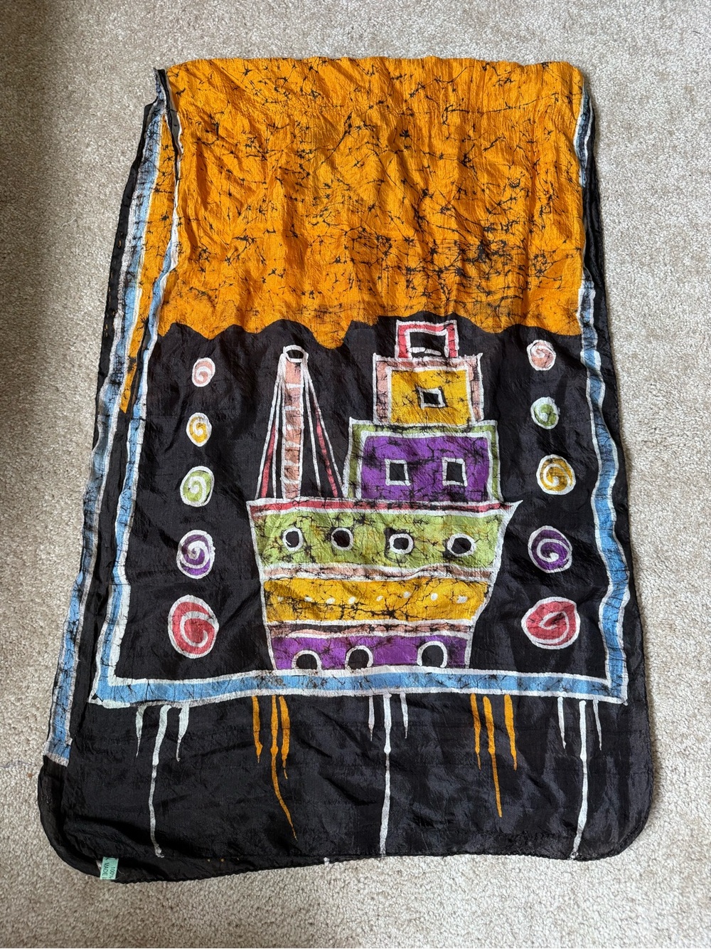 Colorful Boatโ Print Scarf 100% Silk - Orange, Black, Purple, Green